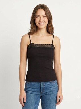 Madewell Black Lace Strappy Square Neck Ribbed Tank XL NWT